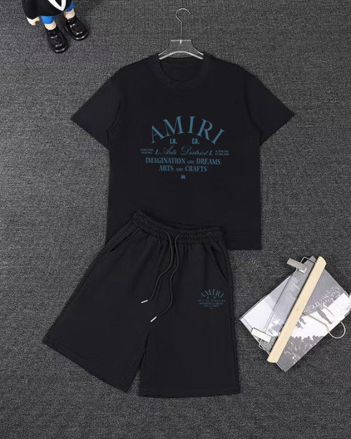 AMIRI LA Arts District Vintage Text Short‑Sleeve Tee & Drawstring Shorts Set