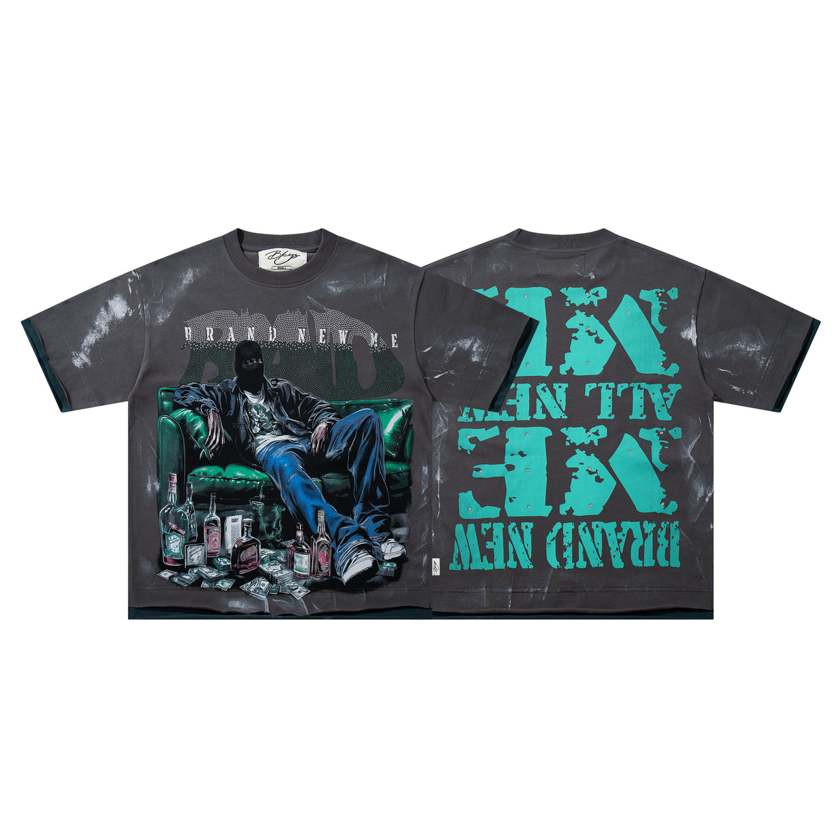 BKYS Brand New Me Balaclava Man Money Washed Oversized Graphic T‑Shirt